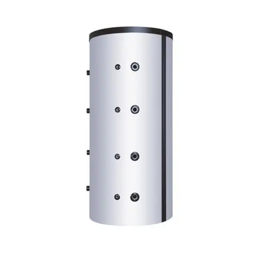 Roth Trennspeicher mit zylindrischer Form und mehreren Anschlussöffnungen auf der Oberfläche, in metallischer Optik.